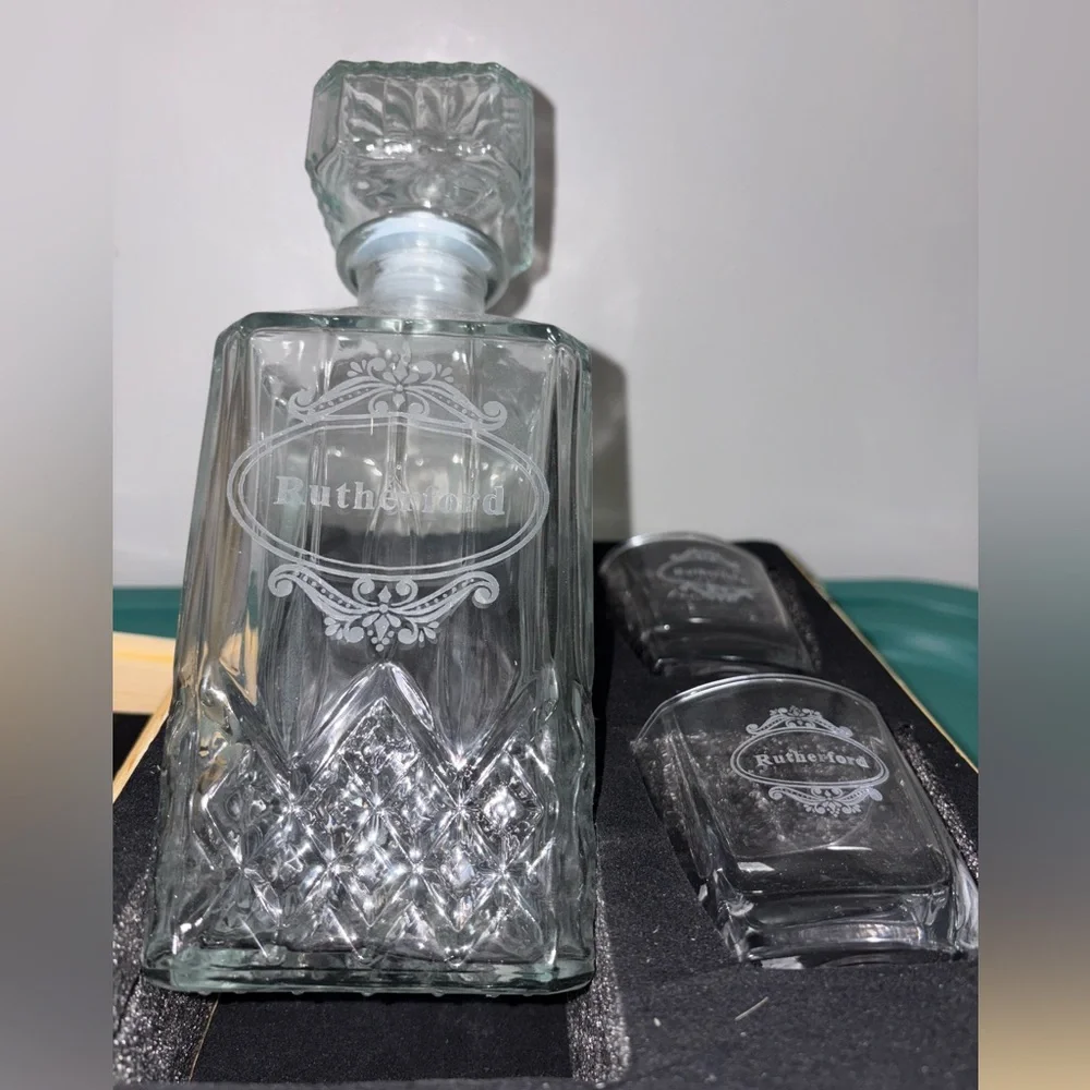 Personalized - RUTHERFORD - Clear Glass Decanter Set with Wooden Box